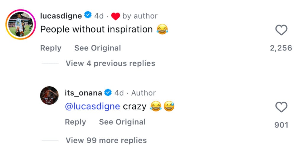 A screengrab of Aston Villa players Amadou Onana and Lucas Digne reacting to Gabriel Magalhaes' celebration on Instagram.