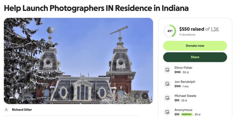 A historic brick building with two clock towers and ornate architectural details stands under a blue sky, partially framed by snow-covered evergreen branches. Fundraising progress and donor names are shown on the side.