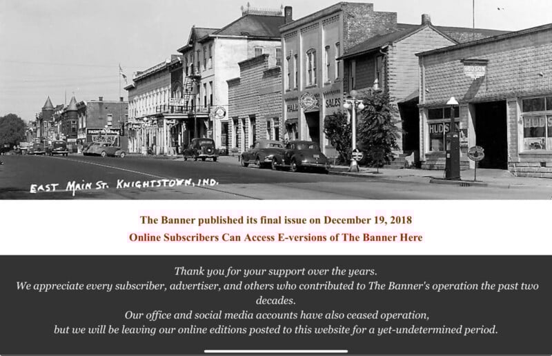 A black-and-white historic photo of East Main Street in Knightstown, Indiana, with old storefronts and parked cars. Overlaid text announces The Banner's final print issue and directs readers to online editions.