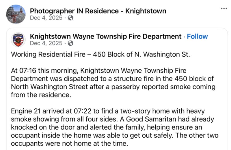 A Facebook post from Knightstown Wayne Township Fire Department describes a residential fire on N. Washington St., noting the response time, actions taken, and that no occupants were home at the time.