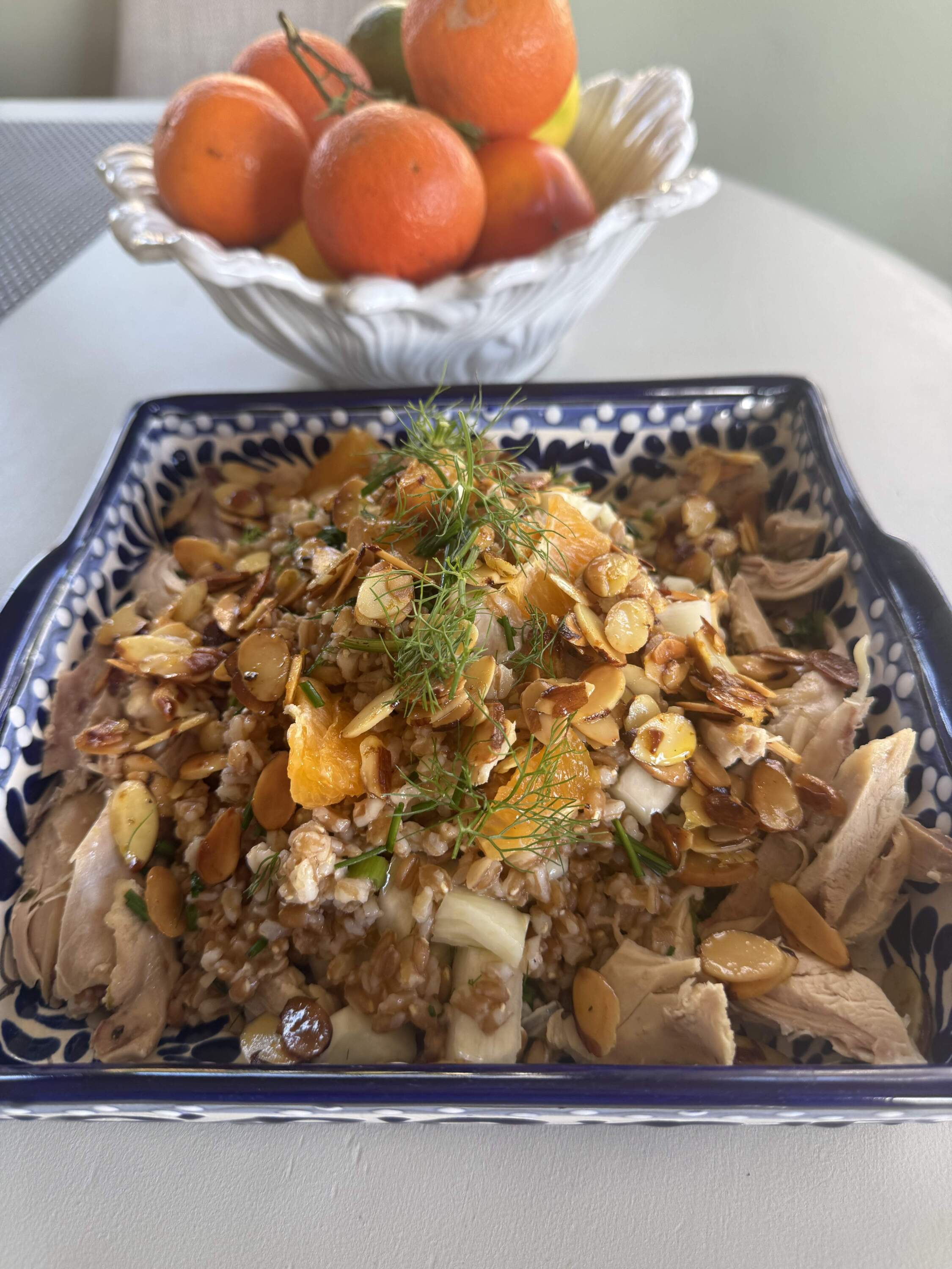 Farro salad with fennel, oranges, almonds and chicken. (Kathy Gunst/Here & Now)