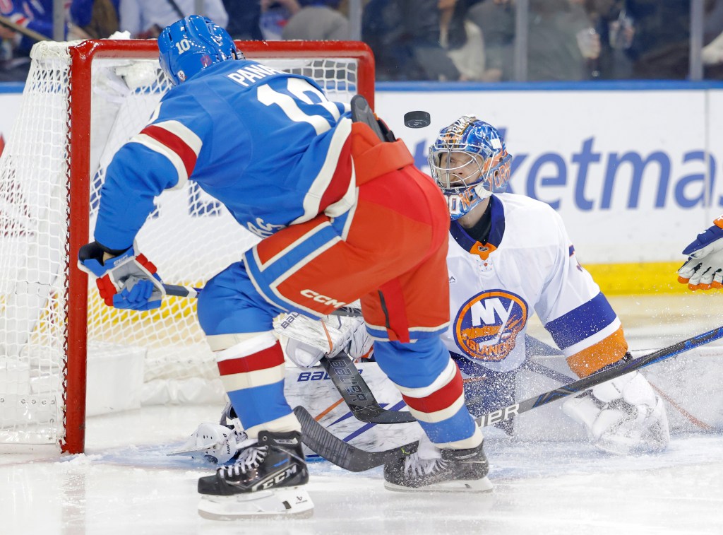 Ilya Sorokin defends the net against Artemi Panarin during the Rangers' 5-0 loss to the Islanders on Nov. 8, 2025. 