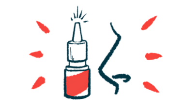 A bottle of intranasal spray is shown next to a close-up illustration of a person
