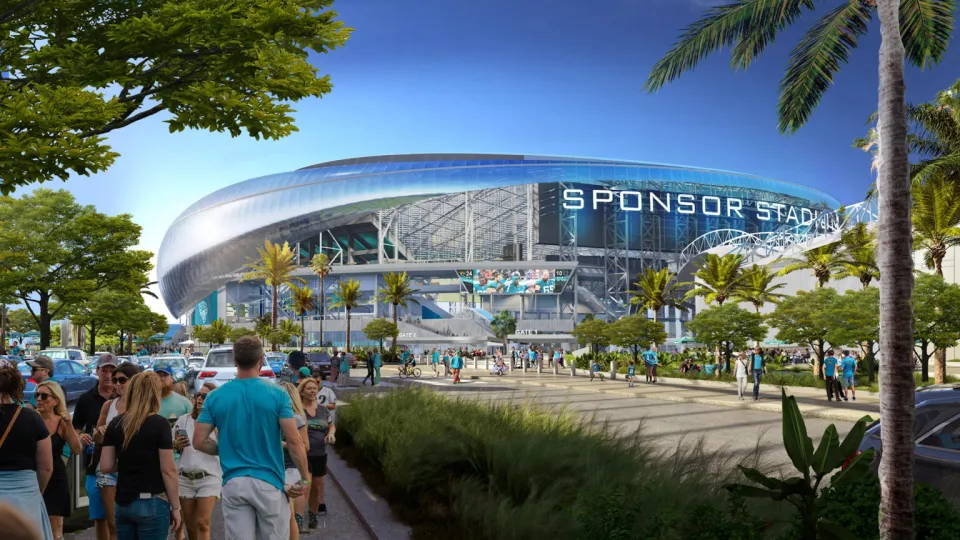 A view of the outside of the proposed Jaguars stadium showing fans walking between trees