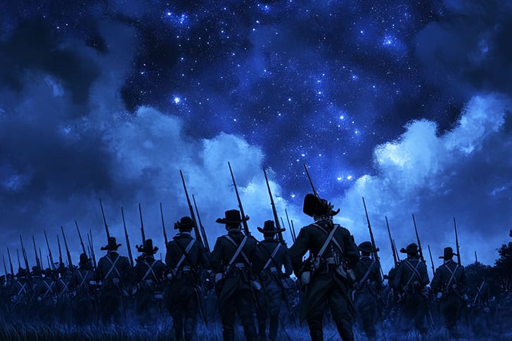 Silhouetted figures move beneath a dramatic night sky, symbolizing history, sacrifice, and the powerful faith-based narratives readers consistently choose on Meridian.