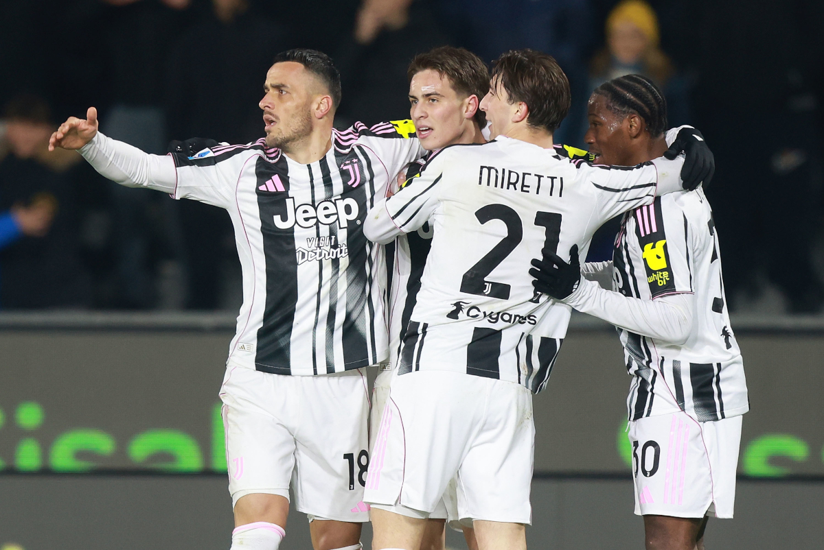 PISA, ITALY - DECEMBER 27: Kenan Yildiz of Juventus FC celebrates with teammates after scoring his team's second goal during the Serie A match between Pisa SC and Juventus FC at Arena Garibaldi on December 27, 2025 in Pisa, Italy. (Photo by Gabriele Maltinti/Getty Images)