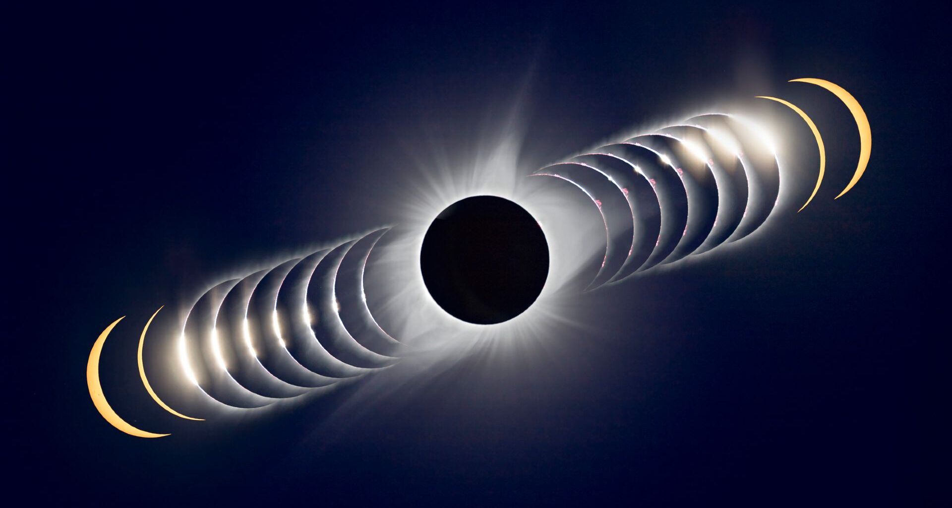 A compilation of eclipse images making a time lapse photo showing a dark dot in the center for a full totality solar eclipse
