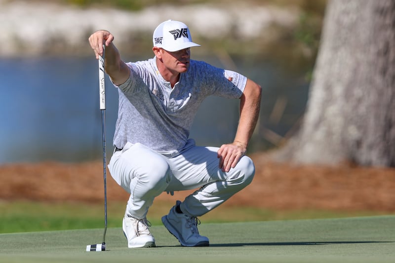Patrick Fishburn looks over the ninth green during the final final round of the RSM Classic, Sunday, Nov. 24, 2024, in St. Simons Island, Ga.