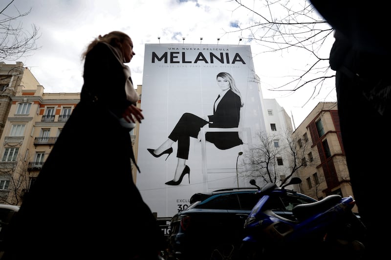 Picture taken in Madrid on January 22, 2026 shows a giant advertising billboard for the documentary film "Melania" about US First Lady Melania Trump.