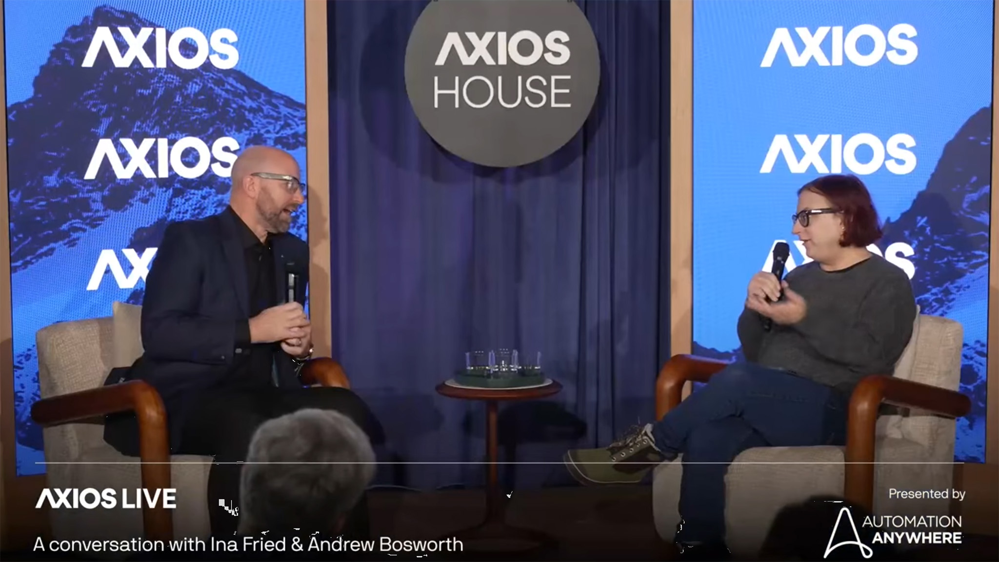 A screenshot of the Axios interview between Meta CTO Andrew Bosworth and Ina Fried from Axios