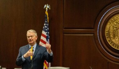 Gov. Brad Little speaks to reporters at a legislative preview hosted by the Idaho Press Club on Jan. 8, 2026, in the Idaho State Capitol.