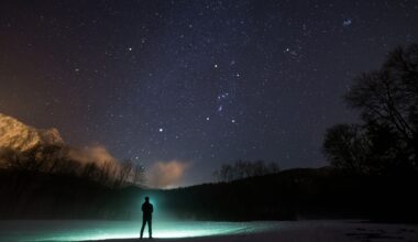 A silhouette of a person stands in front of a green flashlight beam on the edge of a lake with trees and hills in the distance all underneath a dark blue starry sky.