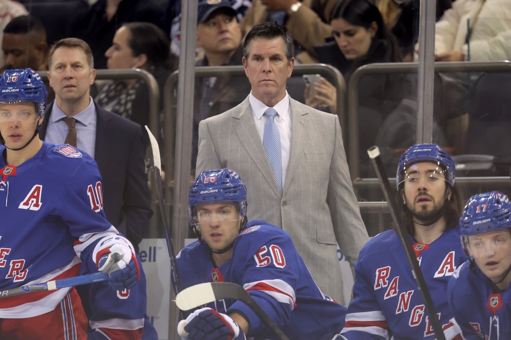Head coach Mike Sullivan watches the action during the Rangers' loss to the Kraken on Jan. 12, 2026 at Madison Square Garden.