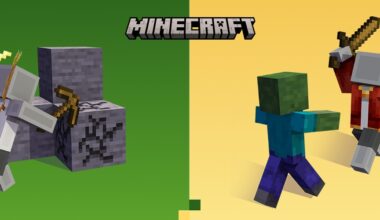 Minecraft promo artwork split into two scenes: left side shows a player mining stone blocks with a pickaxe, right side shows a player fighting a zombie with a wooden sword