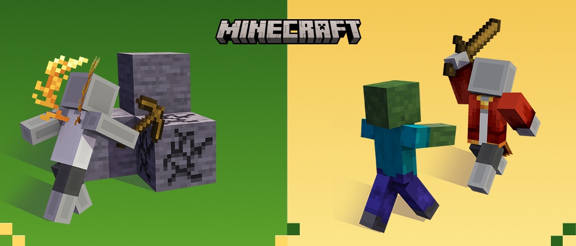 Minecraft promo artwork split into two scenes: left side shows a player mining stone blocks with a pickaxe, right side shows a player fighting a zombie with a wooden sword