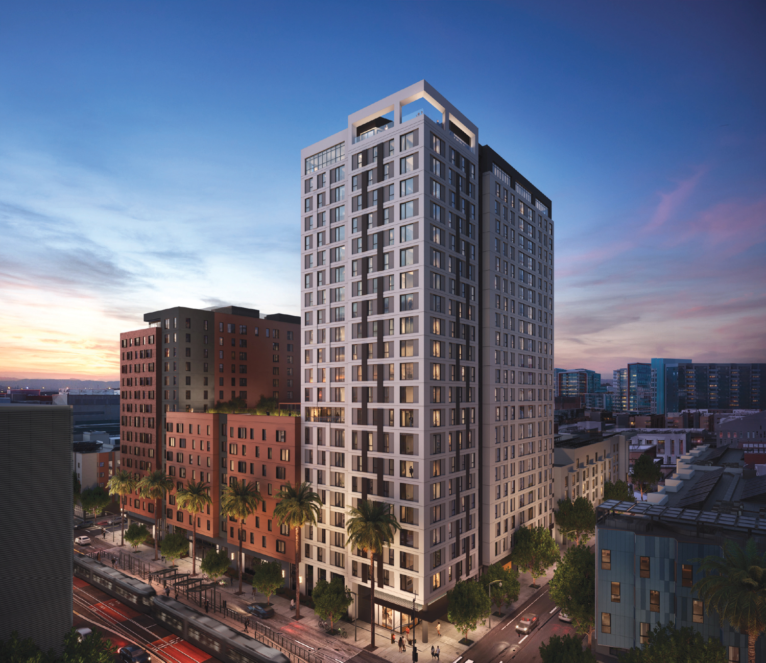 Mission Bay Block 4 East evening view, rendering by Perry Architects and Y.A. Studio
