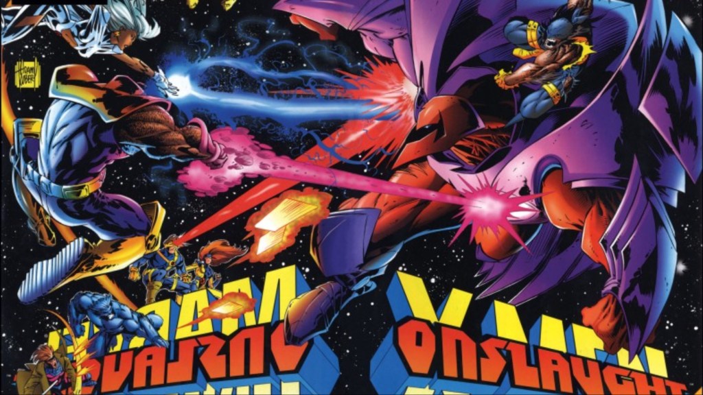 The X-Men battling Onslaught on the cover of Onslaught: X-Men #1