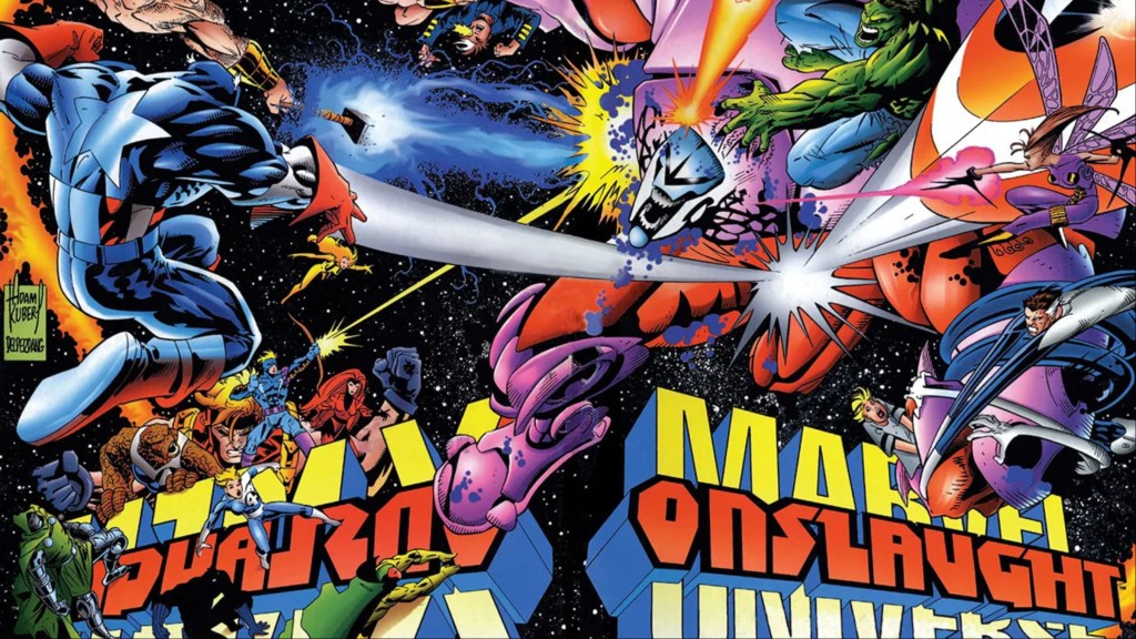 The Avengers and Fantastic Four attacking Onslaught