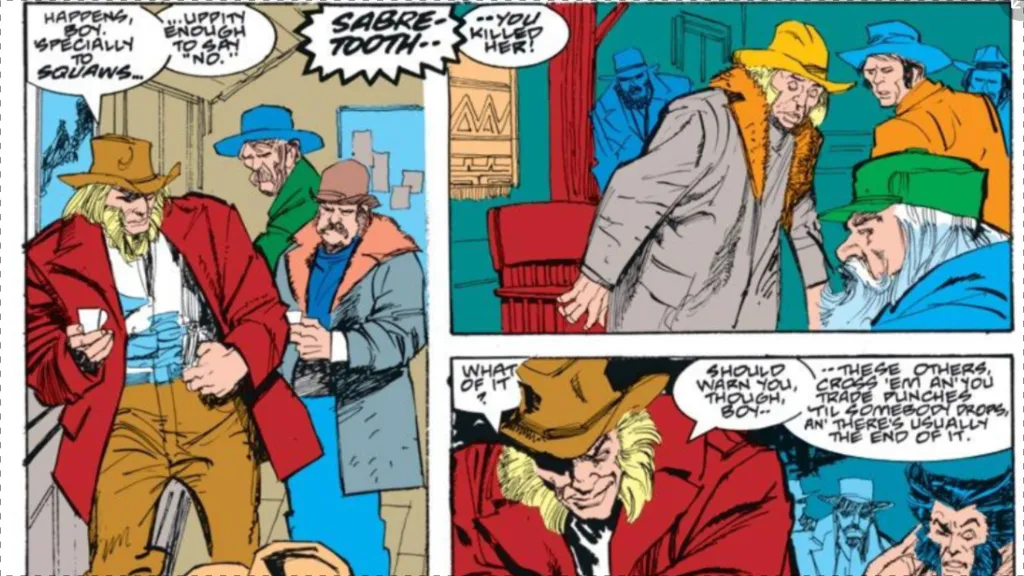 Wolverine confronting Sabretooht in a bar in 19th century Canada.
