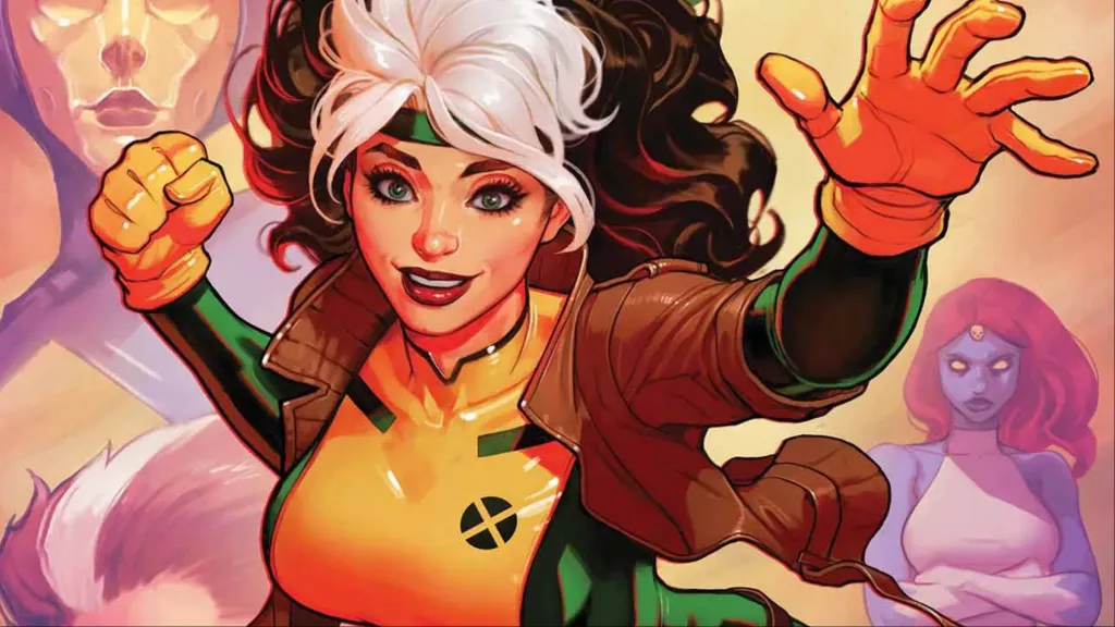 Rogue flying in front of Destiny and Mystique