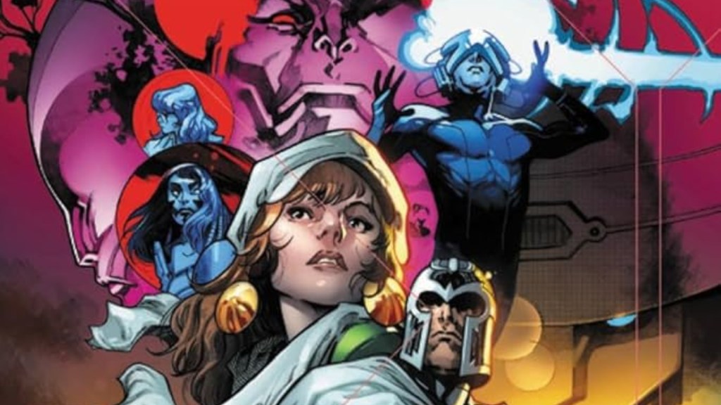 Xavier, Moira, and Magneto with Apocalypse and bubbles with Moira's memories behind them