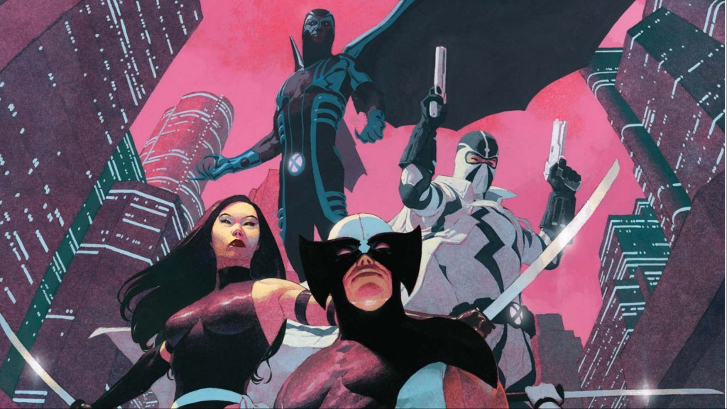 Archangel, Psylocke, Wolverine, and Fantomex together in a city