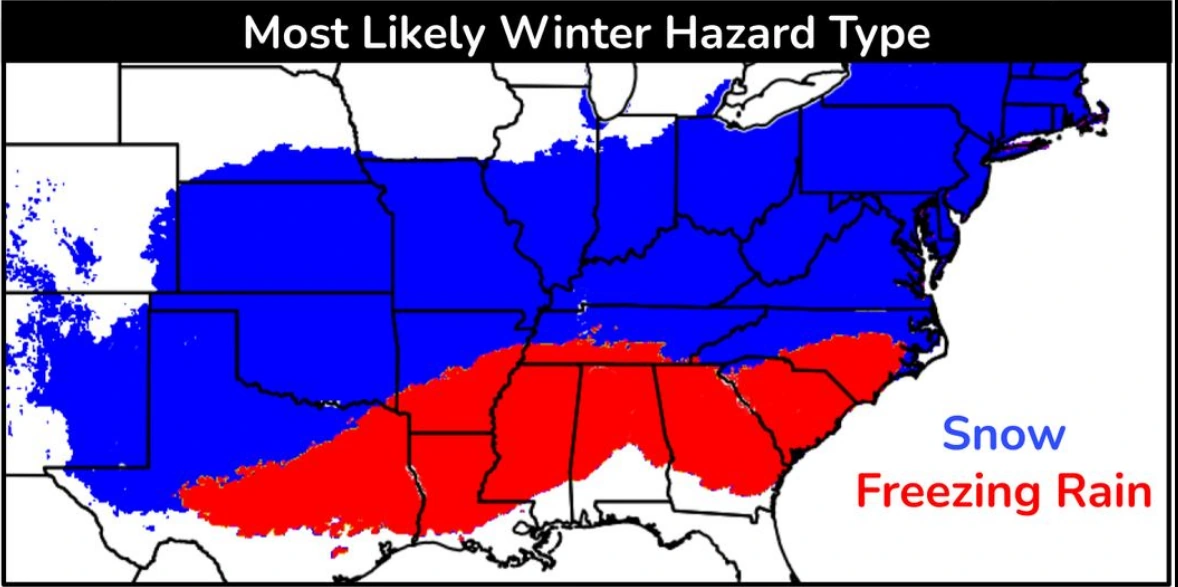 Most likely winter hazard type map for midwest, southeast northeast-mid-atlantic Jan 23-25, 2026