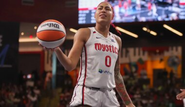 Apr 14, 2025; New York, New York, USA; Paige Bueckers is greeted by WNBA commissioner Cathy Engelbert after being selected with the number one overall pick to the Dallas Wings in the 2025 WNBA Draft at The Shed at Hudson Yards. Mandatory Credit: Vincent Carchietta-Imagn Images