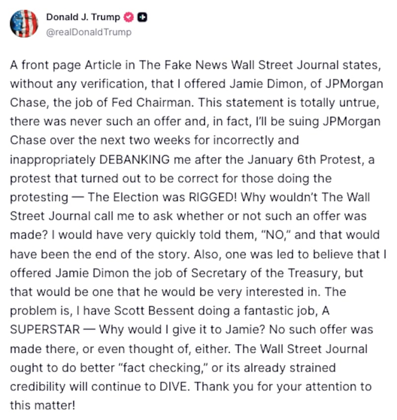 Trump Truth Social Dimon