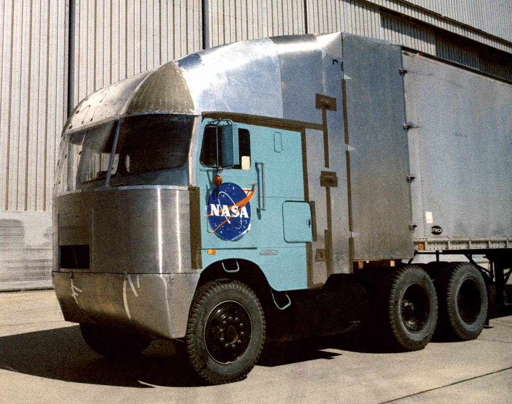 Closeup of NASA semi truck testbed.