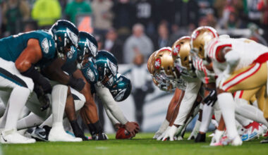 The Philadelphia Eagles offense gets set at the line of scrimmage prior to the snap against the San Francisco 49ers defense: How to watch NFC Wild Card online, livestream San Francisco 49ers vs. Philadelphia Eagles