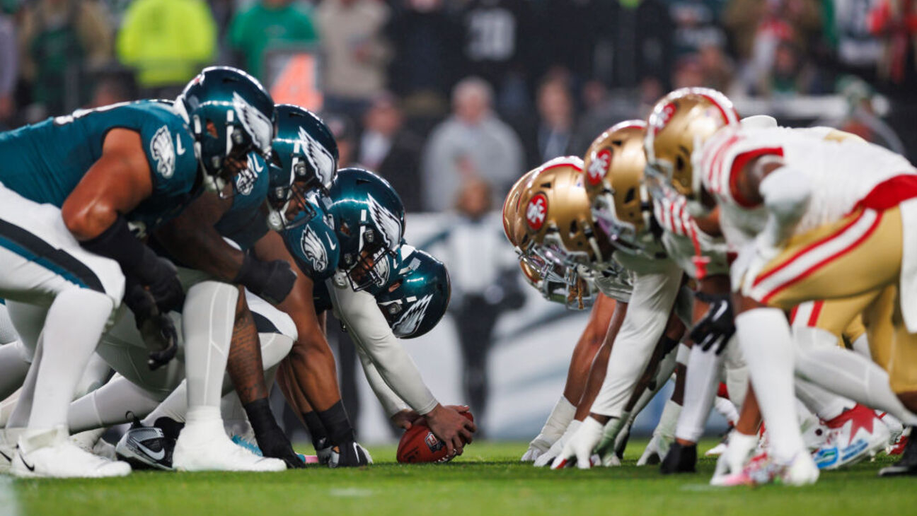 The Philadelphia Eagles offense gets set at the line of scrimmage prior to the snap against the San Francisco 49ers defense: How to watch NFC Wild Card online, livestream San Francisco 49ers vs. Philadelphia Eagles