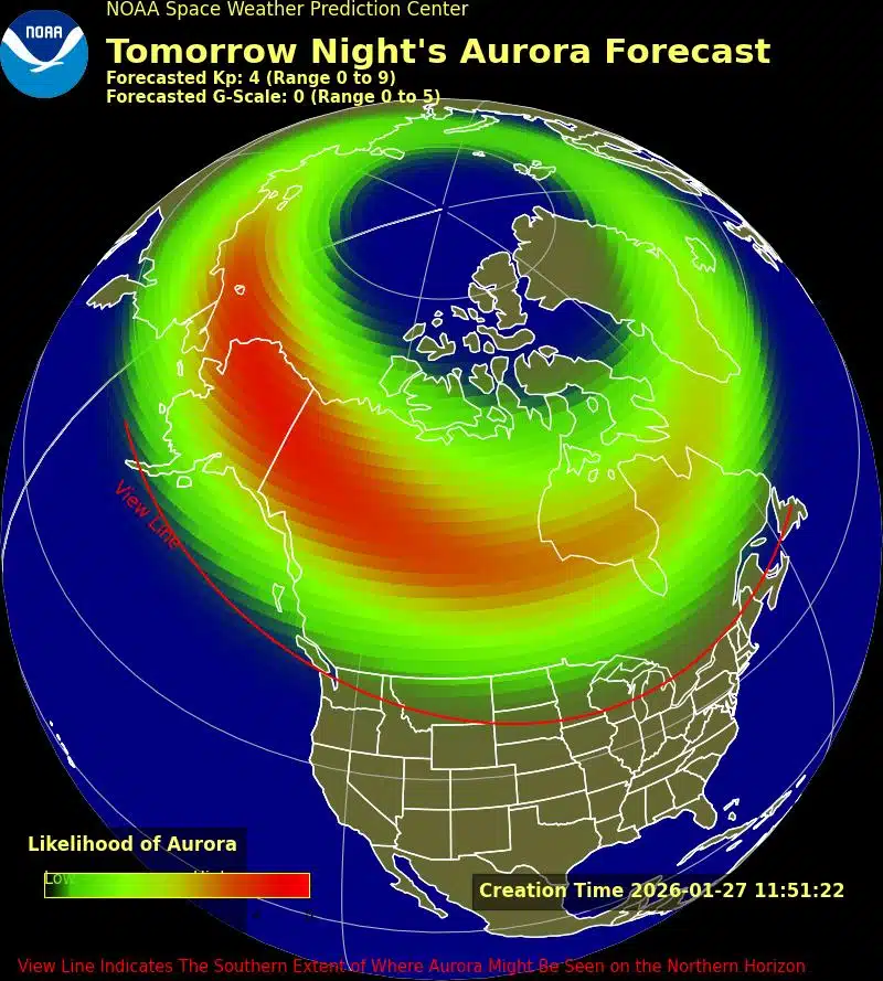 Noaa Forecast For Jan 27, 2026, Showing Likely Northern Lights Visibility With The Red Line Marking The Southern Viewing Limit.