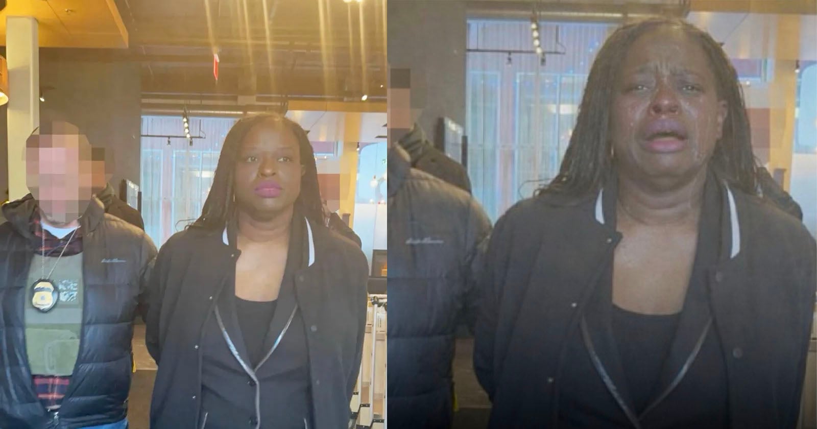 A woman wearing a black jacket stands indoors next to a person whose face is blurred. In the first image, she has a neutral expression; in the second, she appears emotional with tears on her face.