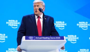 President Donald Trump addresses the audience during the World Economic Forum in Davos, Switzerland, on Wednesday.