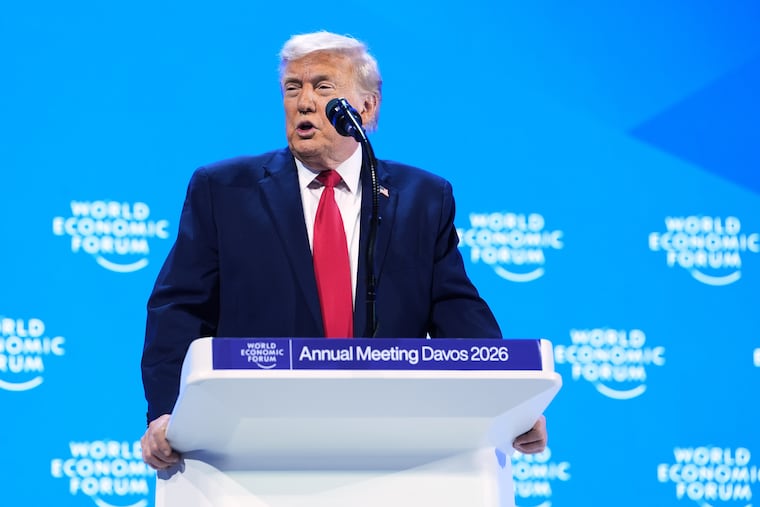 President Donald Trump addresses the audience during the World Economic Forum in Davos, Switzerland, on Wednesday.