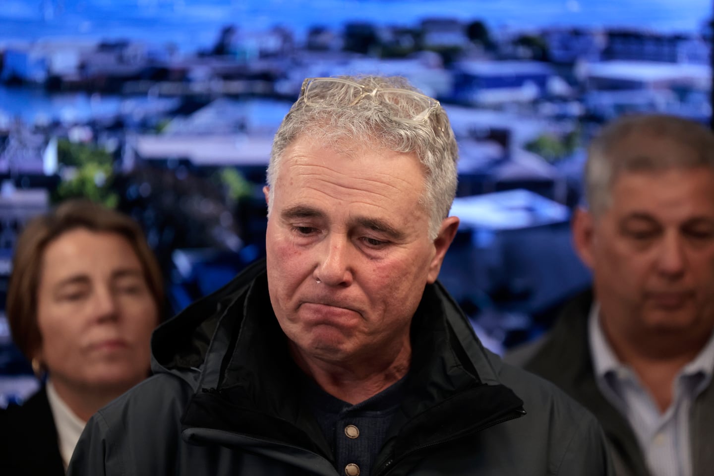 Vito Giacalone was flanked Saturday by Governor Maura Healey, left, and state Senator Bruce Tarr during a press conference in Gloucester.