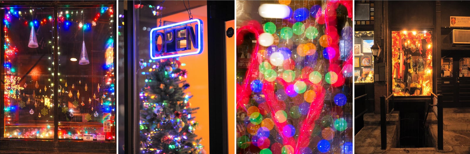Four images side by side show shop windows at night decorated with colorful holiday string lights, a neon “OPEN” sign, a small Christmas tree, and glowing festive reflections.