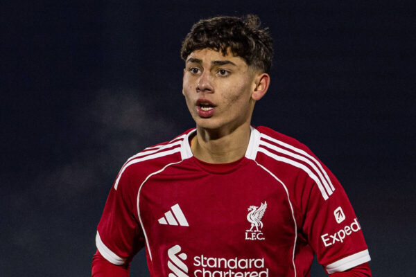 MILAN, ITALY - Tuesday, December 9, 2025: Liverpool's Erik Leonard Farkas during the UEFA Youth League match between Internazionale Milano Under-19's and Liverpool FC Under-19's at the Konami Youth Development Centre. (Photo by David Rawcliffe/Propaganda)