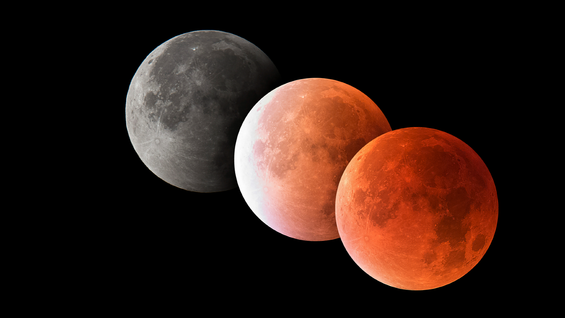 A composite image showing three phases of a lunar eclipse against a black background, with the moon going from gray on the left to blood red on the right