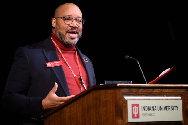 Indiana University Northwest Chancellor Arrick Jackson introduces former professional basketball player and coach Sylvia Crawley Spann during a speaking engagement on Wednesday, Jan. 28, 2026. (Kyle Telechan/for the Post-Tribune)