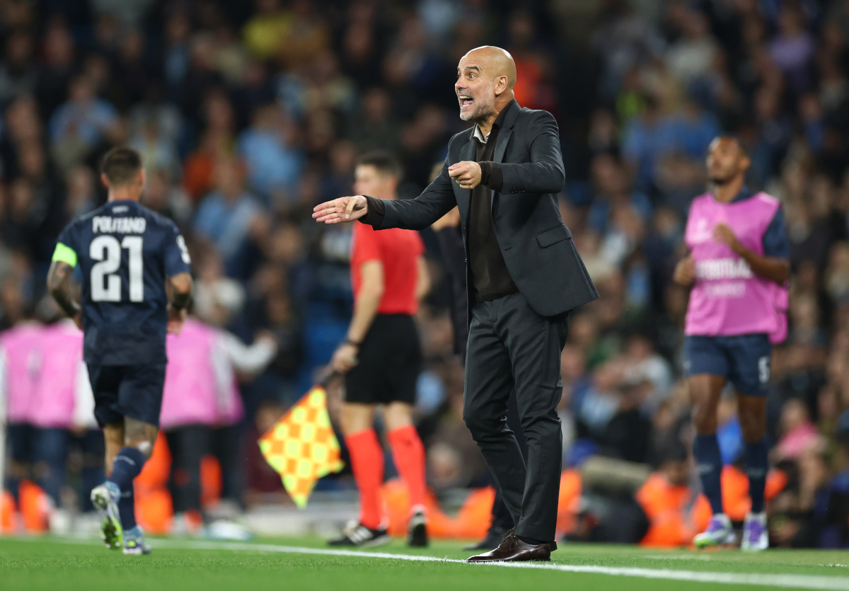 MANCHESTER, ENGLAND - SEPTEMBER 18: Pep Guardiola, Manager of Manchester City, reacts during the UEFA Champions League 2025/26 League Phase MD1 match between Manchester City and SSC Napoli at City of Manchester Stadium on September 18, 2025 in Manchester, England. (Photo by Dan Istitene/Getty Images)