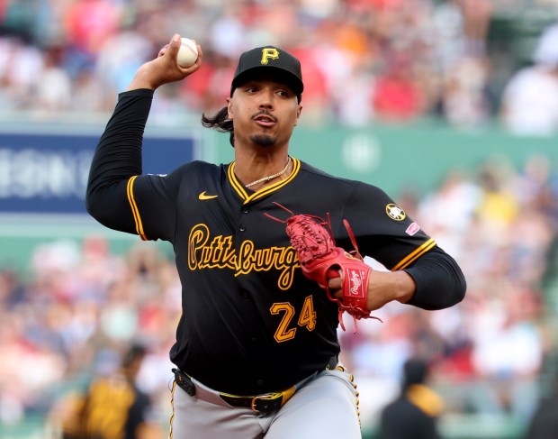 Pittsburgh Pirates pitcher Johan Oviedo throws during the first inning of a game against the Boston Red Sox on Saturday, Aug. 30, 2025 in Boston. (AP Photo/Mark Stockwell)
