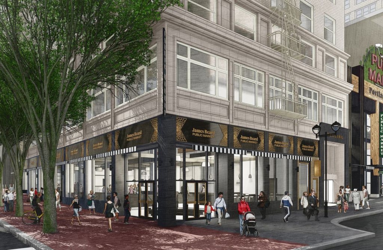 A new rendering shows the proposed design for the James Beard Public Market at Southwest Sixth Avenue and Alder Street.