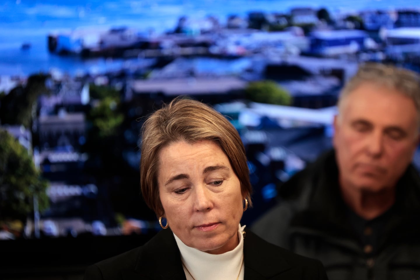 Governor Maura Healey addressed a press conference in Gloucester on Saturday. 
