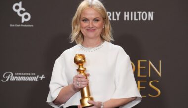 Amy Poehler posed in the press room with the award for best podcast for "Good Hang with Amy Poehler during the 83rd Golden Globes on Sunday at the Beverly Hilton in Beverly Hills, Calif.
