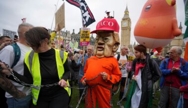 A protester wore a jail costume with a Trump mask during a demonstration group against President Trump's state visit in London on Sept. 17, 2025.