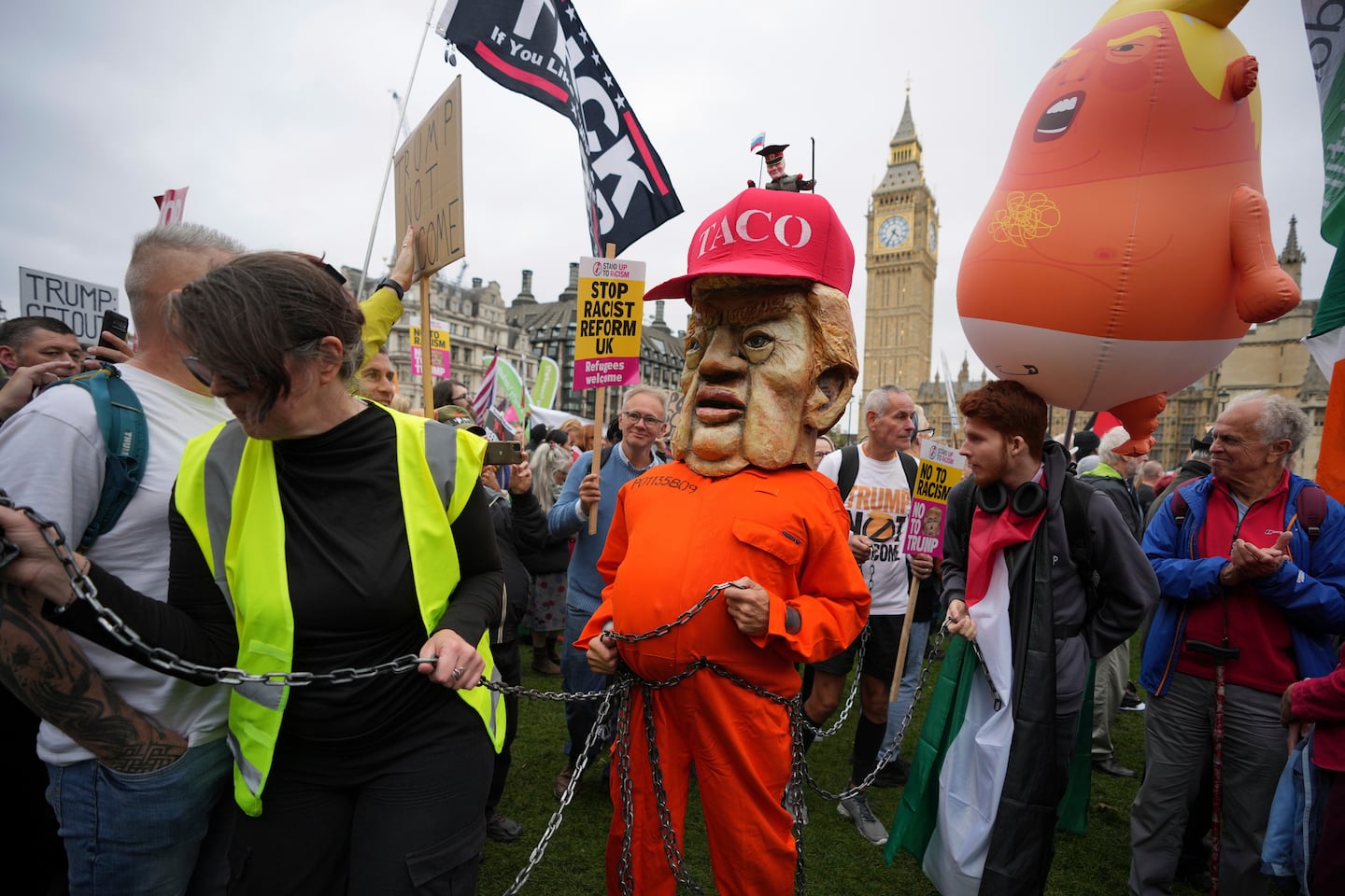 A protester wore a jail costume with a Trump mask during a demonstration group against President Trump's state visit in London on Sept. 17, 2025.