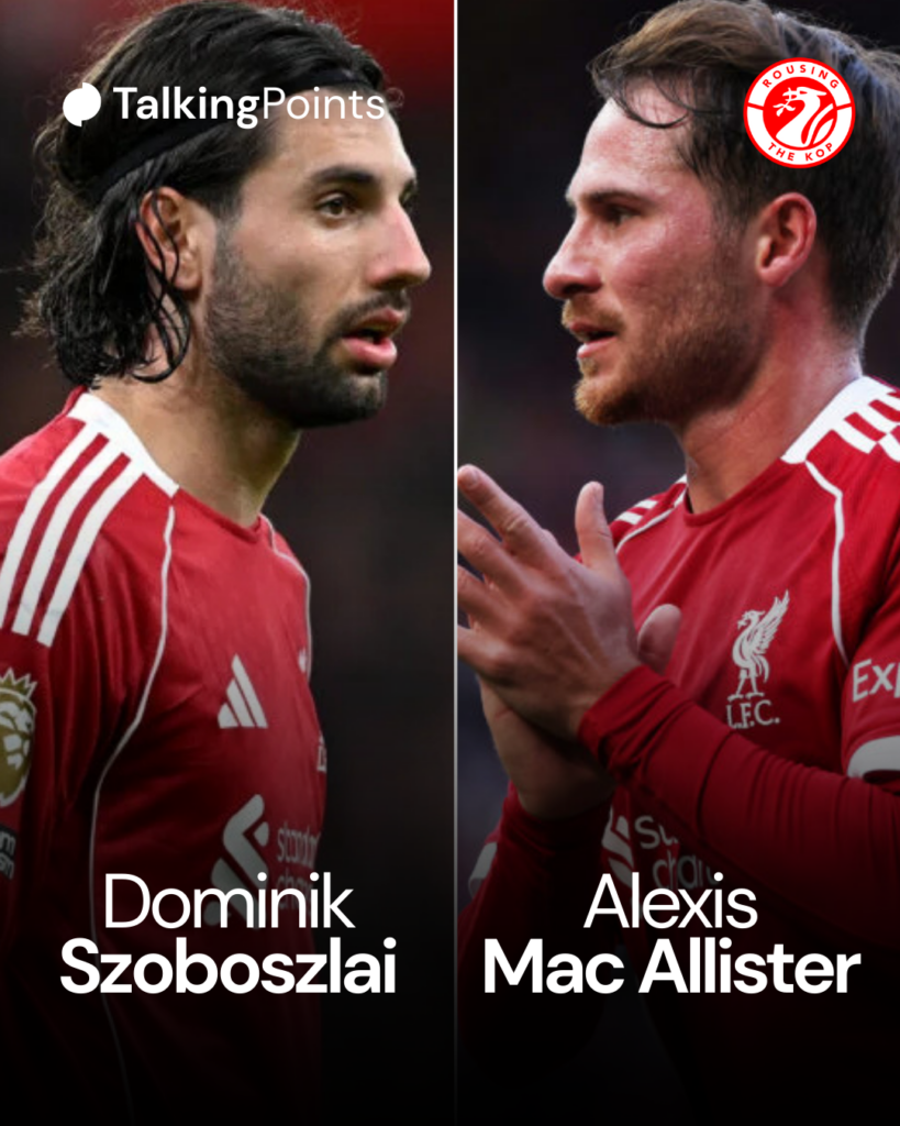 Dominik Szoboszlai in action during Liverpool's Premier League match against Nottingham Forest at Anfield (Credit: Getty Images/Shaun Botterill). Alexis Mac Allister applauds fans at Anfield during Liverpool's pre-season friendly against Athletic Bilbao (Credit: Getty Images/Liverpool FC).