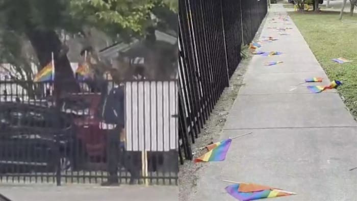 Vandal captured on video breaking Pride flags, throwing them on ground at Houston’s Montrose Center